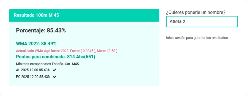 Bloque de resultado de la calculadora mostrando la mínima de campeonatos de España para una categoría máster y si la marca introducida la cumple